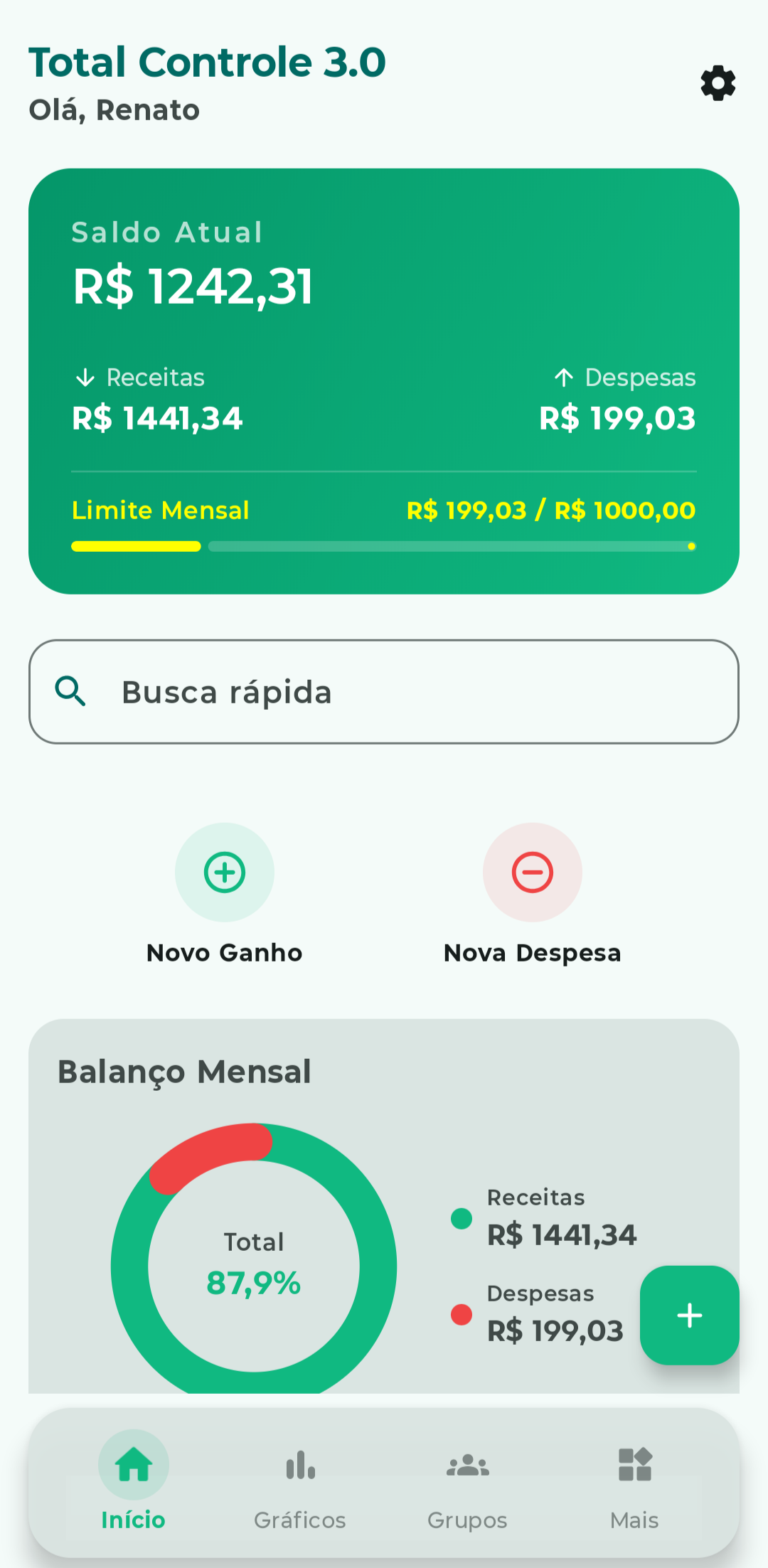 Total Controle App Tela Inicial